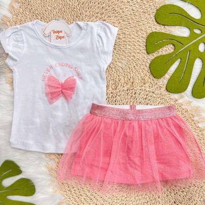 Conj. Blusa Never Ending Smile e Short Saia em Tule - Branco e Rosa